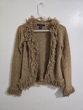 52 Weekends Shaggy Fringe Tan Cardigan Sweater Size M Y2k Phoebe